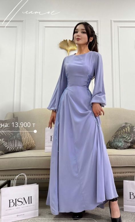 Blue Long Sleeve Abaya For Party, Eid Long Sleeve Satin Dress, Floor-length Blue Abaya For Party, Blue Soiree Dresses For Hijab, Soiree Dresses For Hijab, Hijabi Purple Dress, Simple Elegant Dresses, Modesty Dress, Elegant Silk Dresses