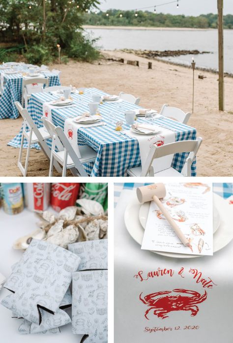 Crabfest Party Ideas, Crab Feed Party Ideas, Crab Boil Rehearsal Dinner, Crab Feed Party, Crab Feast Party, Crab Table Setting, Crab Bake, Crab Feast, Seafood Bake