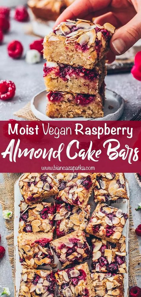 These vegan Raspberry Almond Bars may look like fruity blondies but are actually healthy, eggless, and dairy-free moist sheet cake cut in squares! The recipe is easy to make, highly customizable, and is brimming with sweet, tangy, and nutty flavors in every bite! #cake #bars #blondies #vegancake #almonds #raspberries #veganrecipes #recipes #food #vegan #baking #dessert #almondcake | biancazapatka.com Vegan Fruit Bars, Vegan Raspberry Bars, Vegan Bars Recipe, Healthy Vegan Bars, Vegan Traybake Recipes, Vegan Raspberry Cookies, Vegan Rasberry Deserts, Vegan Squares And Bars Recipes, Almond Flour Raspberry Cake