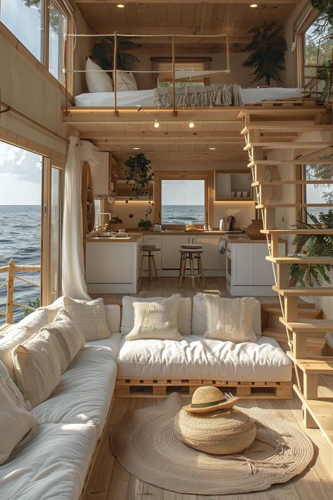 Tiny House Big Windows, Small House Room Ideas, Cave Women Costume, Cute Tiny Homes, House Next To The Beach, Small Loft House Design, Mini Beach House, Tony Home, Tiny Home Living Room