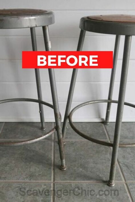 Love thrift shopping? check out the before and after photos of this barstool redo upcycle idea with an industrial vibe, perfect if you're on a budget. #diy #barstool #makeover Barstool Makeover, Eclectic Plates, Bar Stool Makeover, Stool Makeover, Repurposed Decor, Metal Bar Stool, Thrift Store Decor, Industrial Stool, Shop Stool