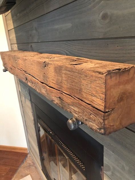 Barnwood Mantle Diy, Barn Wood Mantel Fireplace, Barnwood Fireplace Mantle, Rustic Wood Mantel, Wood Beam Mantel Fireplace, Barnwood Mantle, Barn Beam Ideas, Barn Wood Fireplace, Beam Ideas