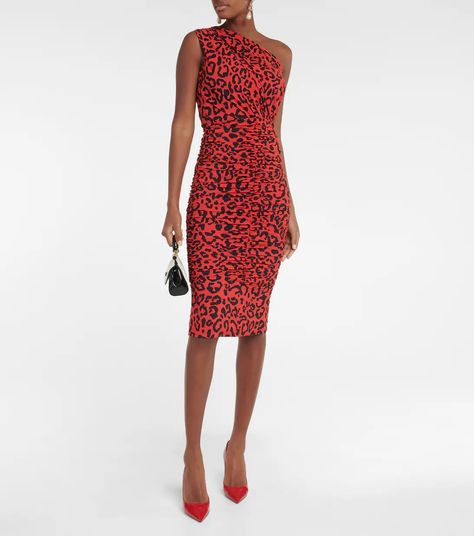 Leopard Printed Jersey Midi Dress in Red - Dolce Gabbana | Mytheresa Dolce And Gabbana Fashion, Printed Jersey, Midi Dress Style, Dolce Gabbana Dress, Red Midi Dress, Fitted Bodice, Jersey Fabric, Designing Women, One Shoulder Dress