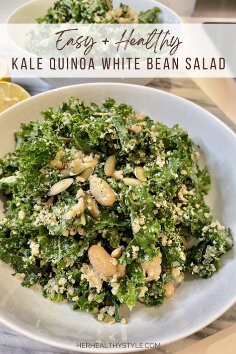 White Bean And Quinoa Salad, White Beans Salad Recipes, White Bean And Kale Salad, Kale And White Bean Salad, Kale White Bean Salad, White Bean Kale Quesadilla, Quinoa Bean Salad, Vegetarian Diet Recipes, White Bean Kale