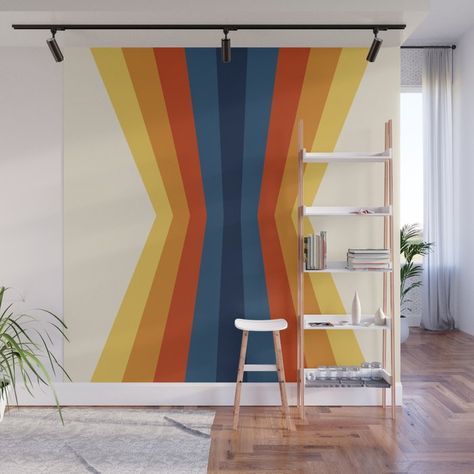 Buy Bright 70's Retro Stripes Reflection Wall Mural by colourpoems. Worldwide shipping available at Society6.com. Just one of millions of high quality products available. 70s Wall Painting Ideas, Retro Stripe Mural, Wall Stripes Paint Ideas, Geometric Wall Mural, Retro Wall Mural, Retro Mural, 70s Stripe Wall, Retro Wall Paint, 70s Wall Mural