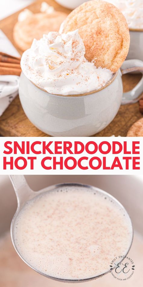 Snickerdoodle Hot Chocolate tastes just like your favorite Christmas cookie! White sugar, white chocolate chips and cinnamon take your hot cocoa to the next level. Boozy White Hot Chocolate, Fun Hot Chocolate Recipes, Snickerdoodle Hot Chocolate Starbucks, Winter Wonderland White Hot Chocolate, Hot Cocoa Mug Gift Ideas, Hot Chocolate Flavors, Hot White Chocolate Recipe, Snickerdoodle Hot Chocolate Recipe, Crockpot Cocoa