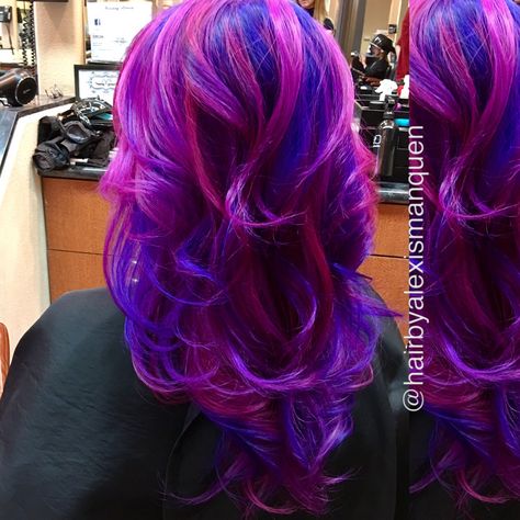 Pink and purple hair using Kenra Lightener, Pravana Vivids and Olaplex Hot Pink Purple Hair, Hot Pink And Purple Hair, Purple Hair With Pink Highlights, Pink Blue And Purple Hair, Blue Purple Pink Hair, Pink Purple And Blue Hair, Pink And Purple Hair Ideas, Pink And Purple Highlights, Pink Purple Blue Hair