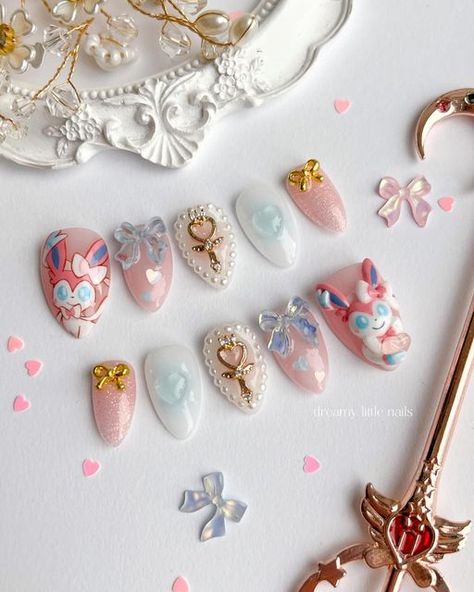 Kingdom Hearts Nails, Sylveon Nails, Cute Pokemon Nails, Espeon Nail Art, Pokemon Nails Designs, Pokemon Nails Acrylic, Pink Pokemon Nails, Pokemon Nail Art, Pokemon Nails