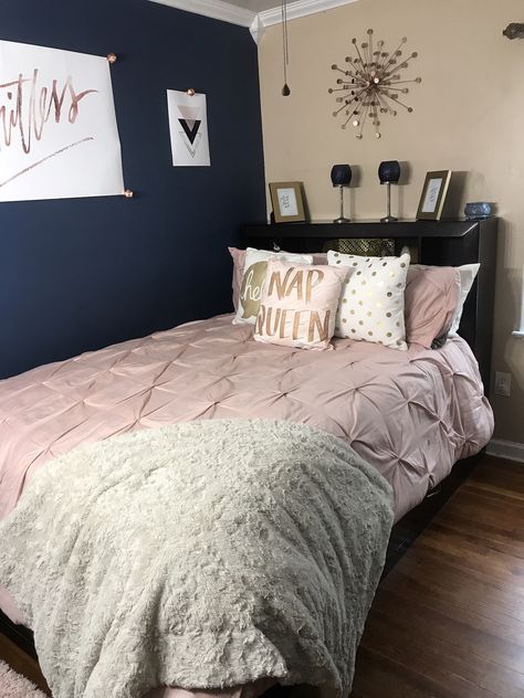 Rose Gold & Navy Blue Room ✨ Navy Blue And Rose Gold Bedroom, Navy Blush Bedroom, Navy And Rose Gold Bedroom, Navy Blush Gold Bedroom, Girls Navy Blue Bedroom Ideas, Pink Navy And Grey Bedroom, Blue And Rose Gold Bedroom, Navy Blue Girls Bedroom, Navy Pink And Gold Bedroom