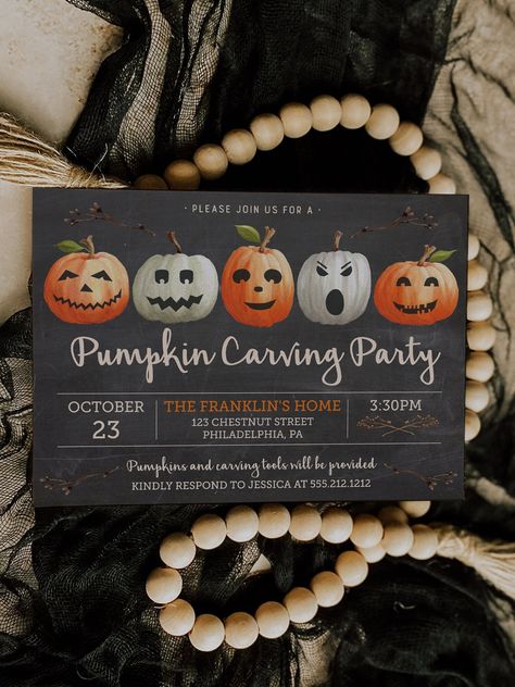 Pumpkin Carving Party Invitation Template, Halloween Party Invite, Halloween Birthday, Printable, Pumpkins, Kids Birthday Party, Download by CreativeUnionDesign on Etsy Printable Pumpkins, Pumpkin Carving Party Invitations, Halloween Party Invite, Pumpkin Carving Party, Amazing Pumpkin Carving, Chalkboard Background, Halloween Party Invitations, Party Invite Template, Fete Halloween