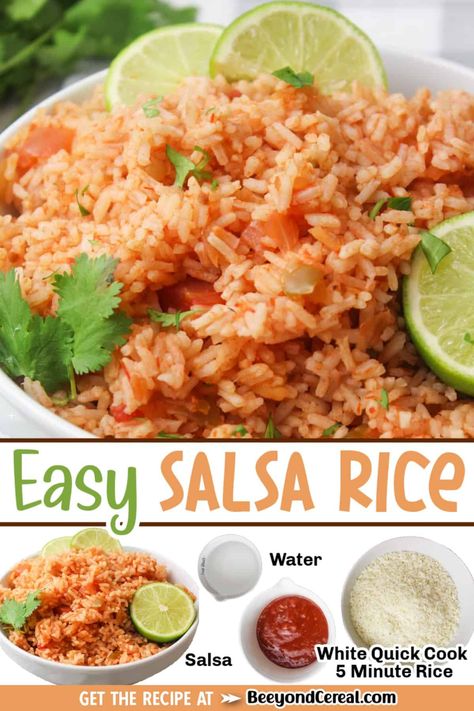 Salsa Rice Easy, Mexican Rice Recipe With Minute Rice, Make Spanish Rice From White Rice, Mexican Inspired Party Food, Instant Mexican Rice Recipe, Mexican Minute Rice Recipes, Easy Spanish Rice With Salsa, Minute Rice Mexican Rice, Easy Spanish Rice Recipe Minute Rice