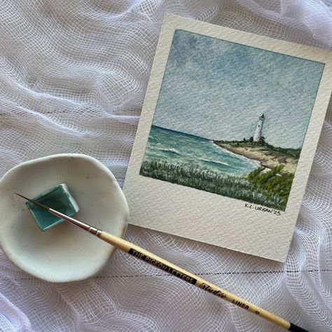 Katherine Urban | Lighthouse at Punta Sur ​​​​​​​​ ​​​​​​​​ Another little Polaroid painting. This picturesque lighthouse is located in Cozumel, Mexico. I... | Instagram Painted Polaroids, Polaroid Painting, Cozumel Mexico, Artist Instagram, Aesthetic Painting, Watercolor Brushes, Watercolor On Paper, Cozumel, Art Instagram