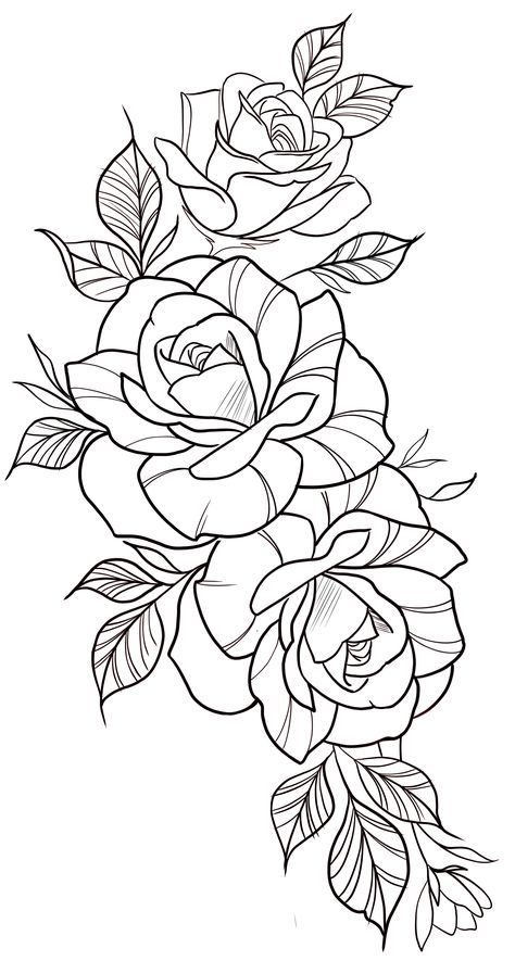 Flower Sleeve Stencil, Rose Black And White Drawing, Illustrative Rose Tattoo, Rose Stencil Tattoo Design, Banner Tattoo Stencil, Flower Line Art Drawings, Rose Tattoo Template, Roses Drawing Simple, Rose Arm Tattoos For Women