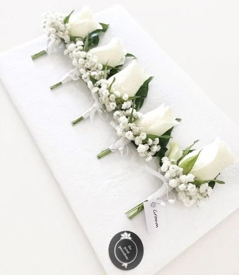 Wedding Bouquet Classic Elegant, Classic Boutonniere Wedding, Gypsophila And Rose Bouquet, White Rose Buttonhole, White Roses And Gypsophila, Wedding Button Holes, Groomsmen Pink, White Buttonhole, Buttonholes Wedding