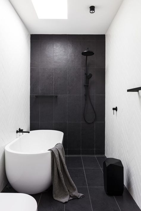 Who said dark colors make a room look smaller. Here the hidden shower creates an illusion of non interupted space. @watercloset.com.au for cool accessories #designerbathroomaccessoriesaustralia #bathroomrenovation Wet Room Bathroom, Top Bathroom Design, Black And White Bathroom, Small Bathroom Renovations, Bathroom Design Trends, Wet Room, Bad Inspiration, Bathroom Layout, Bathroom Renos