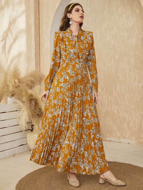 Free Returns ✓ Free Shipping On Orders $49+ ✓. Floral Print Pleated Hem Tie Neck Dress- Women Dresses at SHEIN. Long Outer, Maxi Outfits, Maxi Dresses Fall, Tie Neck Dress, Beautiful Maxi Dresses, Frocks For Girls, High Waist Dress, Pleated Maxi Dress, Floral Print Maxi