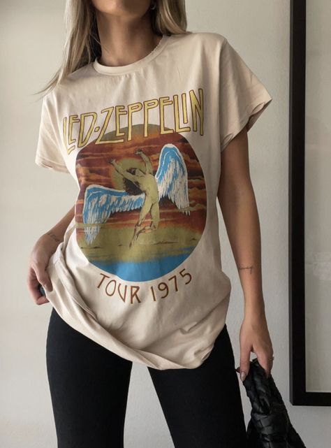 https://www.shoplunab.com/collections/new-arrivals/products/led-zeppelin-tee-nude-multi Oversized Tshirt Outfit, Led Zeppelin Tee, Crop Top Outfits Summer, Tulum Outfits, Led Zeppelin Shirt, Spring Outfits Dresses, Cute Nike Outfits, Graphic Tee Style, Graphic Tee Outfits