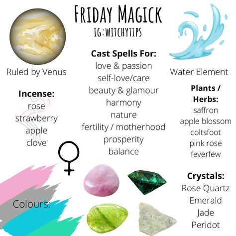 Tips for Witches Everywhere! ✨ on Instagram: “Friday magick ✨💕” Monday Magick Rituals, Friday Spells, Friday Magick Spells, Friday Magick Rituals, Weekday Magick, Friday Spells And Rituals, Friday Correspondences, Friday Witchcraft, Friday Magick