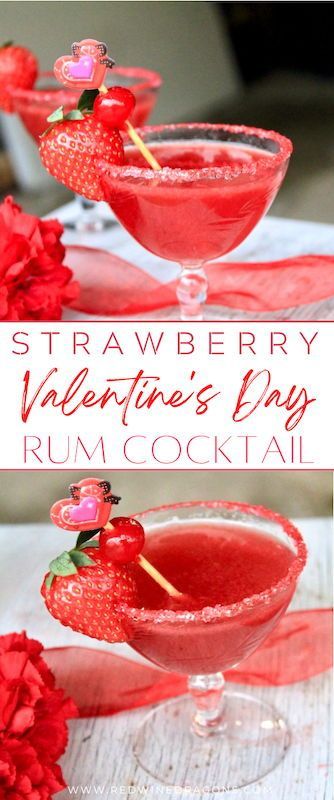 Make this smooth sparkling strawberry Valentine’s rum cocktail as a festive red rum drink for your sweetie this Valentine’s Day! Lots of fresh strawberry flavor and splashes of cherry syrup give this gorgeous fruity cocktail its luscious garnet red color. #valentinesday #valentinesdaycocktail #valentinesdaydrinks #valentinesdayrumcocktail #strawberryrumdrink Signature Valentines Drink, Valentines Day Champagne Cocktails, Valentine Shots Alcohol, Strawberry Rum Drinks Recipes, Strawberry Rum Cocktails, Valentine’s Day Themed Drinks, Valentine’s Day Cocktails Tequila, Valentine’s Day Drink Recipes, Valentine’s Day Cocktail Recipes