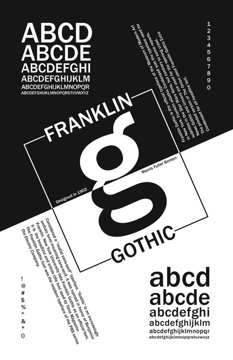 Typeface Franklin Gothic was designed by Morris Fuller Benton. I love how this poster is split in half, and everything is tilted to a diagonal. It reminds me of Cruella de Vil. Very dramatic and makes me want to look at it more. Palatino Font, Typeface Poster, Typographic Poster Design, Typo Poster, Type Specimen, Graphisches Design, 타이포그래피 포스터 디자인, Poster Fonts, Typography Layout