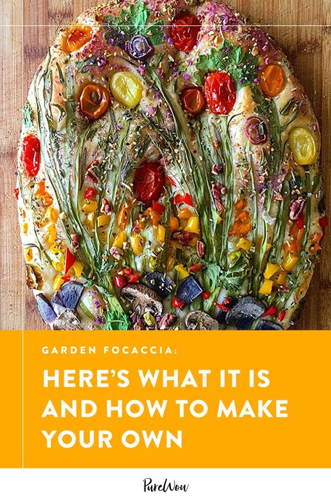 Garden focaccia is easy to make and serves as a tasty canvas for your wildest edible designs. Here's everything you need to know about this pretty trend, plus tips for making your own. #Garden #Focaccia #recipe Foccacia Design, Garden Focaccia Bread, Decorated Focaccia Bread Recipe, Focaccia Bread With Flowers, Focaccia Bread Art Sunflower, Toadstool Focaccia, Making Pizza Dough, Foccacia Bread, Focaccia Bread Recipe