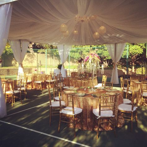 Fun with sequins and crystal! Thursday Night Dinner on a tennis court! Tennis Court Tent Wedding, Tennis Court Wedding Reception, Tennis Court Wedding, Tennis Court Backyard, Ranch Garden, Court Weddings, Tennis Wedding, Samantha Wedding, Court Wedding