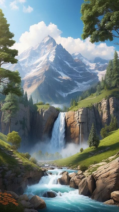 Fengshui Painting, Wallpapers Waterfall, Wallpaper Waterfall, Waterfall Pictures, Waterfall Paintings, Landscape Painting Tutorial, Mountain Waterfall, Waterfall Landscape, Trees Landscape