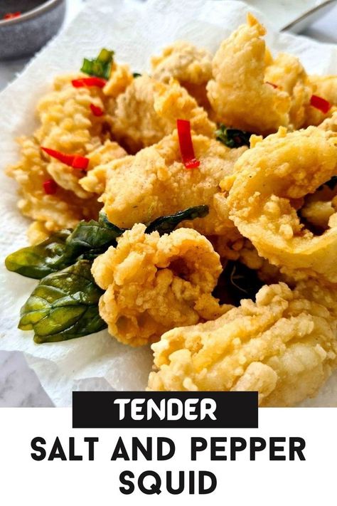 Tender soft Chinese salt and pepper squid covered in a crispy coating and infused with aromatic garlic and basil. Chinese Salt And Pepper Squid, Crispy Squid Recipe, Salt And Pepper Squid Recipe, Squid Stir Fry, Soy Garlic Chicken Wings, Taiwanese Fried Chicken, Seafood Night, Soy Garlic Chicken, Chicken Stir Fry With Noodles