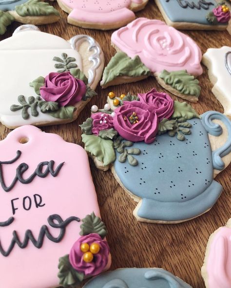 Tea Party Baby Shower Cookies, Tea For Two Cookies, Tea Themed Baby Shower Ideas, Tea For Two Baby Shower Ideas, Tea Party Baby Shower Ideas, Twin Baby Shower Ideas, Baby Shower Ideas Themes, Baby Shower For Twins, Twin Boy And Girl Baby Shower