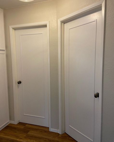 Kat Chersicla | Easiest interior door upgrade last weekend- we added some trim to our simple interior slab doors to mimic the paneled door look, put on new… | Instagram Adding Paneling To Doors, Diy Panelled Door, Flat Interior Door Makeover, Diy Door Paneling, Flat Door Makeover Diy, Interior Door Upgrade, Inside Doors Ideas, Flat Panel Door Makeover, Diy Door Makeover