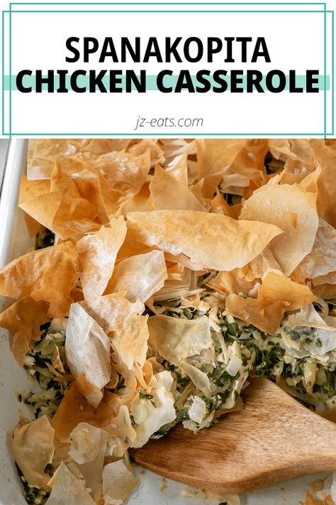 Spanakopita Chicken Bake takes everything you love about the traditional Greek spinach pie and makes it into a full meal. Made with spinach, feta, and orzo, this recipe will definitely make it into your weekly dinner rotation! Spanokita Recipe Greek, Spanakopita Casserole, Spinach Feta Chicken, Greek Spinach, Greek Spinach Pie, Spinach Pizza, Cooking With White Wine, Feta Chicken, Dinner Rotation