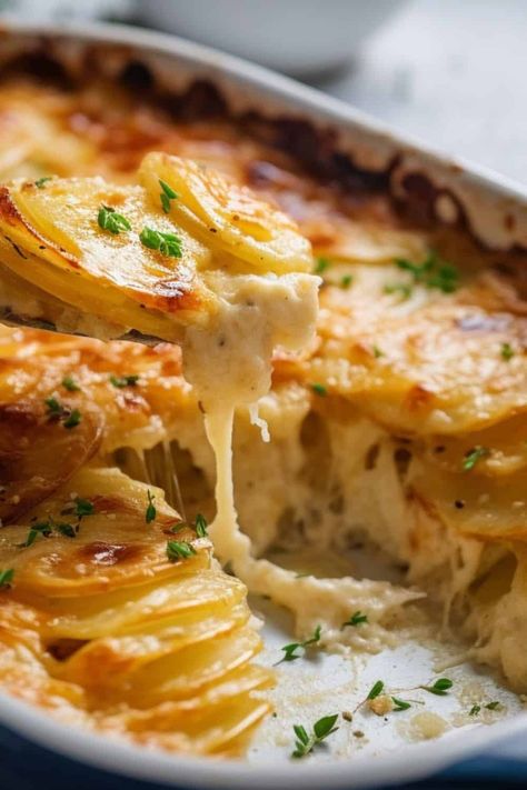 Layered Cheesy Scalloped Potatoes in a baking dish being scooped. Easy Cheesy Scalloped Potatoes Recipe, Baked Scalloped Potatoes, Easy Cheesy Scalloped Potatoes, Thanksgiving Recipes Side Dishes Easy, Cheesy Scalloped Potatoes Recipe, Best Scalloped Potatoes, Cheesy Scalloped Potatoes, Scalloped Potatoes Easy, Scalloped Potatoes Recipe