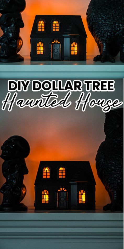 Dollar Tree Diy Haunted House, Diy Dollar Tree Spooky House, Dollar Tree Haunted House Wood Cutout, Dollar Store Dollhouse Haunted House, Haunted House Silhouette Dollar Tree, Inexpensive Halloween Decorations, Diy Halloween Village, Haunted House Candle Holder, Halloween Decorations To Make