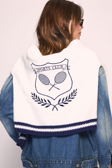 Knit sweater featuring varsity - striped trim, mock neck, front "Sports Club" text, and accompanying embroidered tennis racket emblem. | 100% acrylic | Hand wash cold | Model is 5'8" and wearing Small | Varsity - Striped Sports Club Sweater