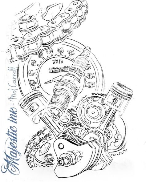 Motorcycle Theme Tattoo, Harley Tattoo Design, Mechanic Tattoo Design, Piston Tattoo, Harley Tattoo, Engine Tattoo, Gear Tattoo, Harley Tattoos, Where Tattoo