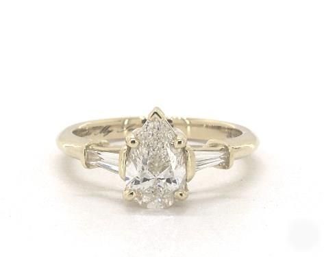 1ct Pear, & Baguette Side-Stone Engagement Ring in 4mm 18K Yellow Gold by James Allen® 3 Stone Diamond Ring, Big Engagement Rings, Pear Shaped Engagement Rings, 3 Stone Engagement Rings, Side Stone Engagement Ring, Engagement Ring Shapes, Vintage Style Rings, Contemporary Ring, Wire Basket