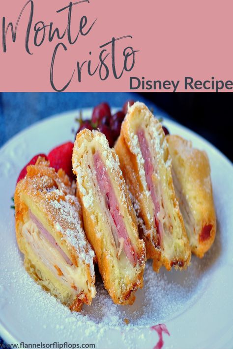 This is the offical recipe for One of Disneys oldest and most beloved foods. Disney Monte Cristo Recipe! Walt Disney Recipes, Sleeping Beauty Recipes, Disney Monte Cristo Sandwich, Disney Foods Recipe, Disneyland Food Recipes Copycat, Disney Breakfast Recipes, Disney Recipes Copycat, Disney Baking Recipes, Disney Themed Snacks