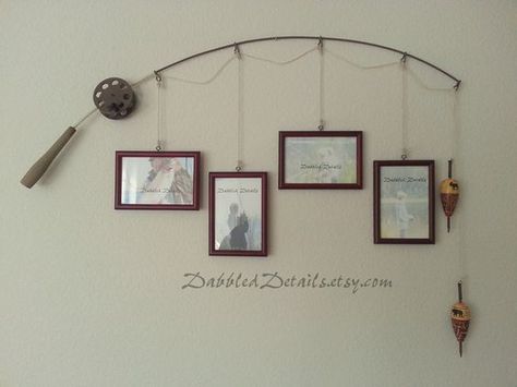 Fishing pole picture hanger - cute idea  #DIY: Fishing Pole Picture Hanger, Fishing Pole Decor, Fishing Room, Hunting Decor, Fishing Photography, Fishing Diy, Fishing Decor, Fishing Pole, Picture Hangers