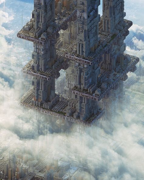 Vertical City by Inward . Moving Cities, Steampunk City, Vertical City, Sci Fi Architecture, Science Fiction Artwork, Sci Fi City, Fantasy Concept, Futuristic Art, Science Fiction Art