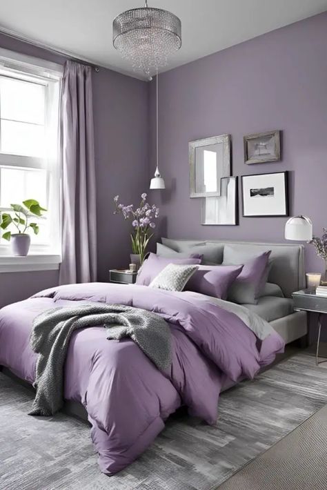 Light Purple Walls Room Ideas, Light Purple And Grey Bedroom Ideas, Room Color Schemes Purple, Purple And Grey Room Ideas, Purple Bedroom Inspirations, Small Purple Bedroom, Purple House Aesthetic, Gray And Purple Bedroom Ideas, Bedroom Inspirations Purple