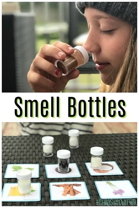 Simple sensory smell bottles for Montessori learning. #homeschooling #Montessori #sensory #olfactory Senses Preschool, Senses Activities, Montessori Diy, Montessori Practical Life, Montessori Toddler Activities, Montessori Learning, Montessori Preschool, Montessori Ideas, Sensory Room