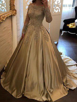 Ball Gown Long Sleeves Off-the-Shoulder Sweep/Brush Train Applique Satin Dresses Gold Prom Dresses Long, Sparkly Prom Dress, Gold Prom Dresses, Long Sleeve Prom, Long Sleeve Evening Dresses, Prom Dresses With Sleeves, Prom Dresses Long With Sleeves, Gowns With Sleeves, Formal Dresses Prom