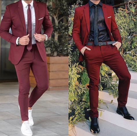 Dark Red Suit Men, Mens Prom Outfit, Prom Outfit Ideas, Mens Prom, Dark Red Suit, Couples African Outfits, Maroon Suit, Business Attire For Men, Prom For Guys