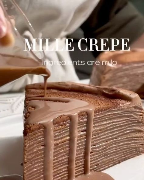 Chocolate | Desserts on Instagram: "Milo - known as the childhood drink of children, this is also an ingredient that you can refer to for crepes. 🎥 by @vykhuefoodstylist This crepe is quite large, if it’s half the recipe you’ll need a smaller pan. Divide the recipe by ½ if it feels too much for you. CT for cake size 28cm 6 eggs 150-200g sugar 240gmilk 240g allpurpose flour 100g Milo powder 480g milk Milo Cream: 200g whipping cream 100g milo flour Instruct: Step 1: Mix eggs, sugar, fresh milk, flour, milo flour. Milk for this recipe is 720g, divided into 2 times because the milo powder is easy to clump. After mixing everything, you should sift the mixture and let the dough rest for 30-45 minutes. Step 2: Let the pan have a stable medium temperature, spread a thin layer of oil. Thin s Crispy Crepe Recipe, Crepe Cake Chocolate, Crepe Cake Recipe, Crepe Ingredients, Crepe Recipe, Mille Crepe, Crepe Cake, Quick Recipes Snacks, Cake Sizes