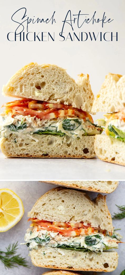 This spinach artichoke chicken sandwich features tender shredded chicken, creamy homemade spinach artichoke spread, and juicy tomato slices sandwiched between soft ciabatta bread. Spinach Artichoke Sandwich, Artichoke Sandwich, Tender Shredded Chicken, Artichoke Bread, Spinach Sandwich, Shredded Chicken Sandwiches, Chicken Pesto Sandwich, Spinach Artichoke Chicken, Artichoke Chicken