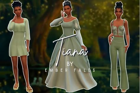 PREVIEW: Tiana from The Princess and the Frog | Ember Falls - Sims 4 Sims 4 Princess And The Frog Cc, Tiana Sims 4 Cc, Sims 4 Tiana, Tiana Outfit, Sims Collection, Disney Princess Challenge, Disney Princess Inspired Outfits, Tiana Dress, Princess Inspired Outfits