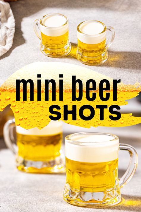 Top and side views of mini beer shots in tiny glass beer mug-shaped shot glasses on a countertop. Mini Beer Shots Recipes, Guiness Beer Recipes, Flavored Shots, Mini Beer Shots, Themed Shots, Beer Shots, Green Cocktails, Easy Party Drinks, Vanilla Liqueur