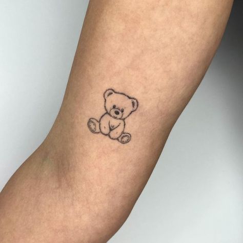 Small Teddy Bear Tattoos For Women, Matching Bear Tattoos Couples, Teddy Bear Head Tattoo, Minimalist Teddy Bear Tattoo, Teddy Bear Tattoo Small Simple Outline, Teddy Tattoo Bear, Fine Line Teddy Bear Tattoo, Stuffed Bear Tattoo, Tattoo Ideas Bear