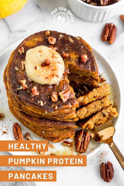 Easy and healthy pumpkin protein pancakes made with pumpkin, eggs, flour, spices, and collagen and have 33 grams of protein per serving! The perfect post workout meal or healthy fall breakfast for the whole family. Healthy Fall Breakfast, Paleo Pumpkin Pancakes, Gourmet Burgers Recipes, Pumpkin Protein Pancakes, Paleo Breakfasts, Post Workout Meal, Packed Breakfast, Pumpkin Protein, Paleo Protein