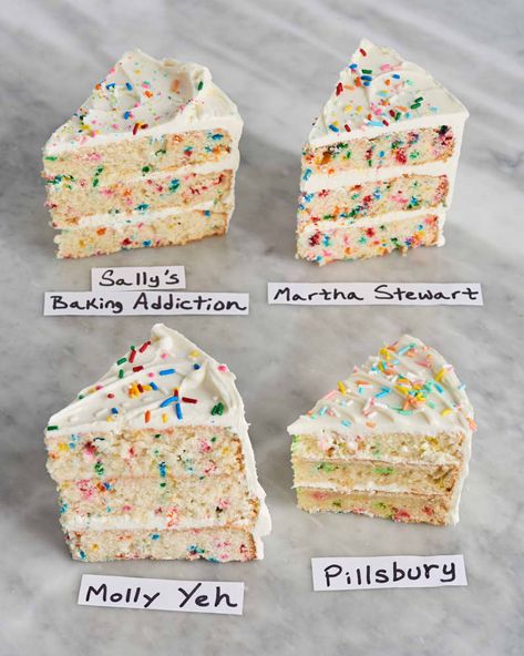 I Tried 4 Famous Funfetti Cake Recipes and the Winner Was Clear | Kitchn Best Homemade Funfetti Cake, Wasp Cake Recipe, Cake Without Frosting Ideas, Homemade Valentines Cake, Blue Funfetti Cake, Pastel Colored Desserts, Funfetti Cake Decoration Ideas, Simple Homemade Birthday Cake, Best Layer Cake Recipes